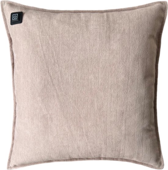 Warmpi® Draadloos Warmtekussen incl Warmpi® Powerbank (10.000mah) - Chenille Beige - Elektrisch Verwarmd sierkussen heeft ook kabel van 3m voor opwarming via stopcontact of USB Poort - 3 standen - Afmeting 45x45cm - oplaadbaar infrarood kussen