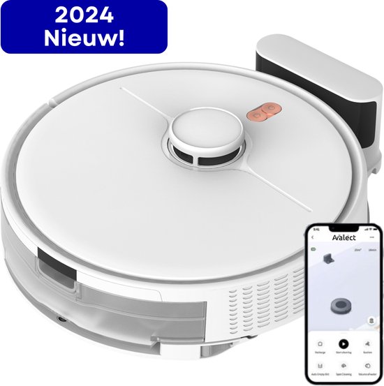 Avalect CleanSmart - Robotstofzuiger met dweilfunctie - Met laadstation - dweilrobot - Ideaal voor huisdieren - Lidar Laser - val & object detectie - Vloerdetectie - Met App - Wit