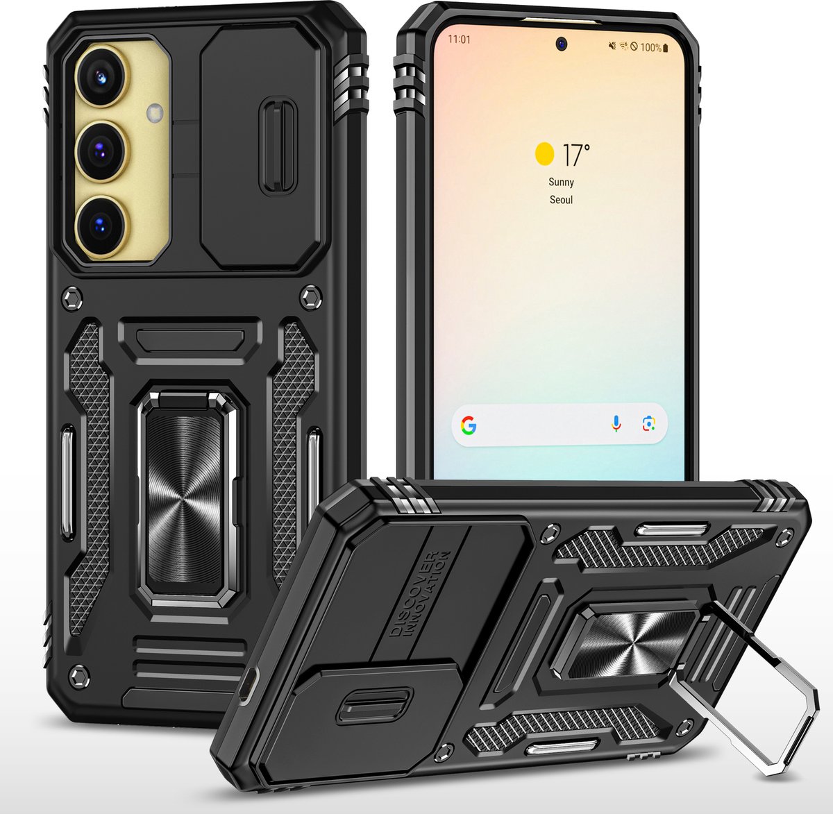 Nuvex Hoesje geschikt voor Samsung Galaxy S24 Zwart Telefoonhoesje - Anti-Shock Case Cover Hybrid Armor Hoes met Kickstand Ring met Screenprotector