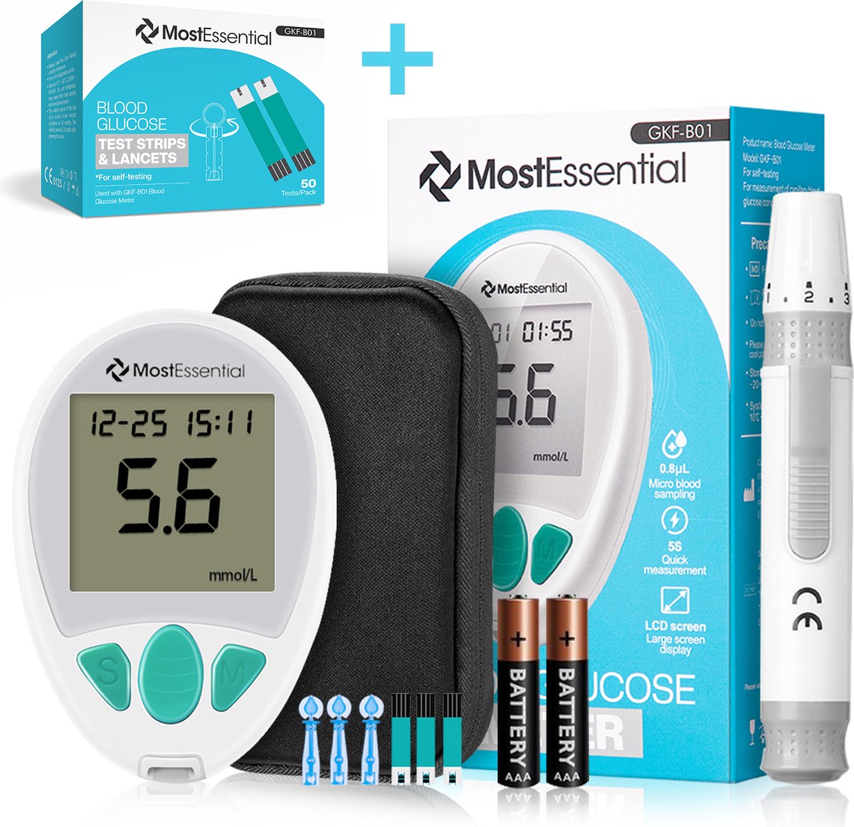 MostEssential Premium Glucosemeter Startpakket - Bloedsuikermeter - Bloedglucosemeter - Diabetes Meter - Alles in één set - Inclusief Opbergtas, Prikpen, 60 Teststrips & 60 Lancetten