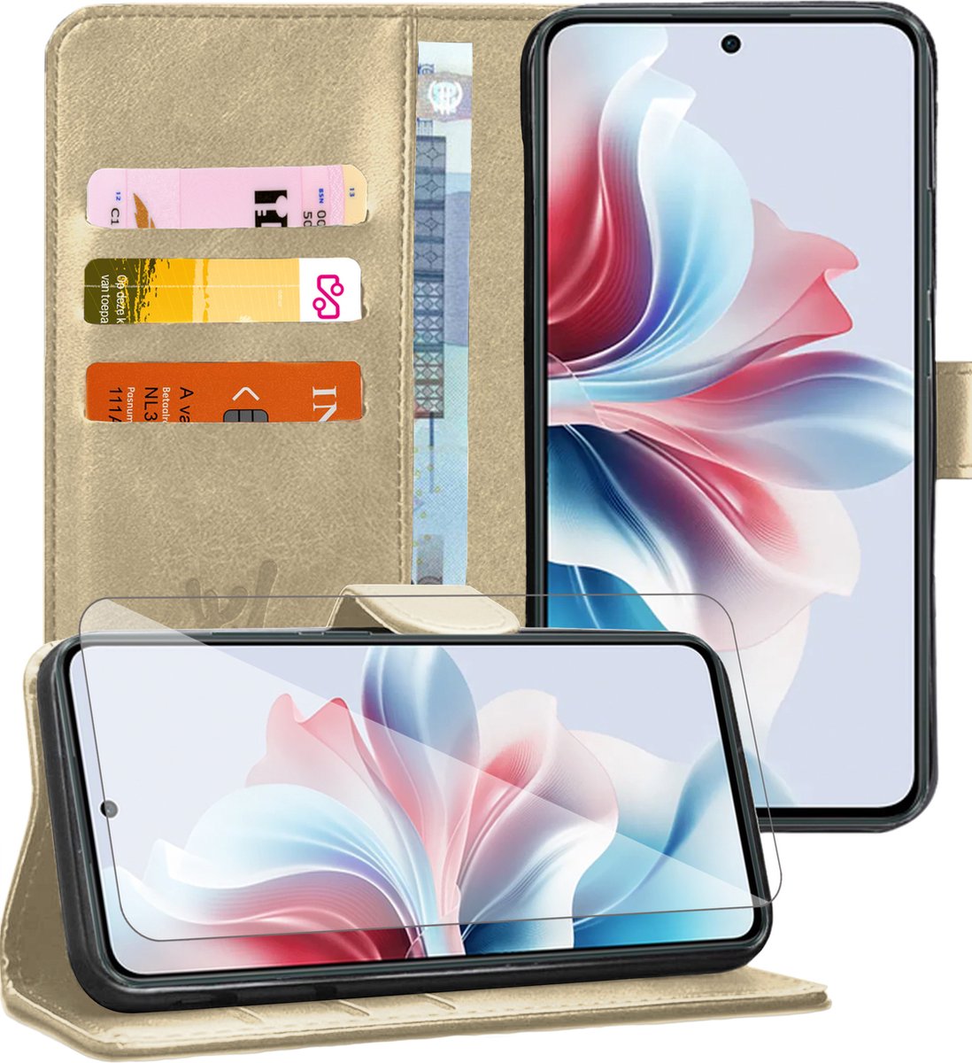 Hoesje geschikt voor Oppo Reno 11F - Screenprotector Glas - Portemonnee Book Case Goud