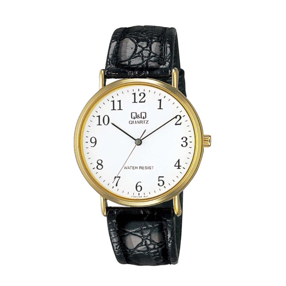 QQ V720J104Y - Horloge - Analoog - Heren - Mannen - Leren band - Rond - Metaal - Zwart - Goudkleurig - Wit - 3ATM