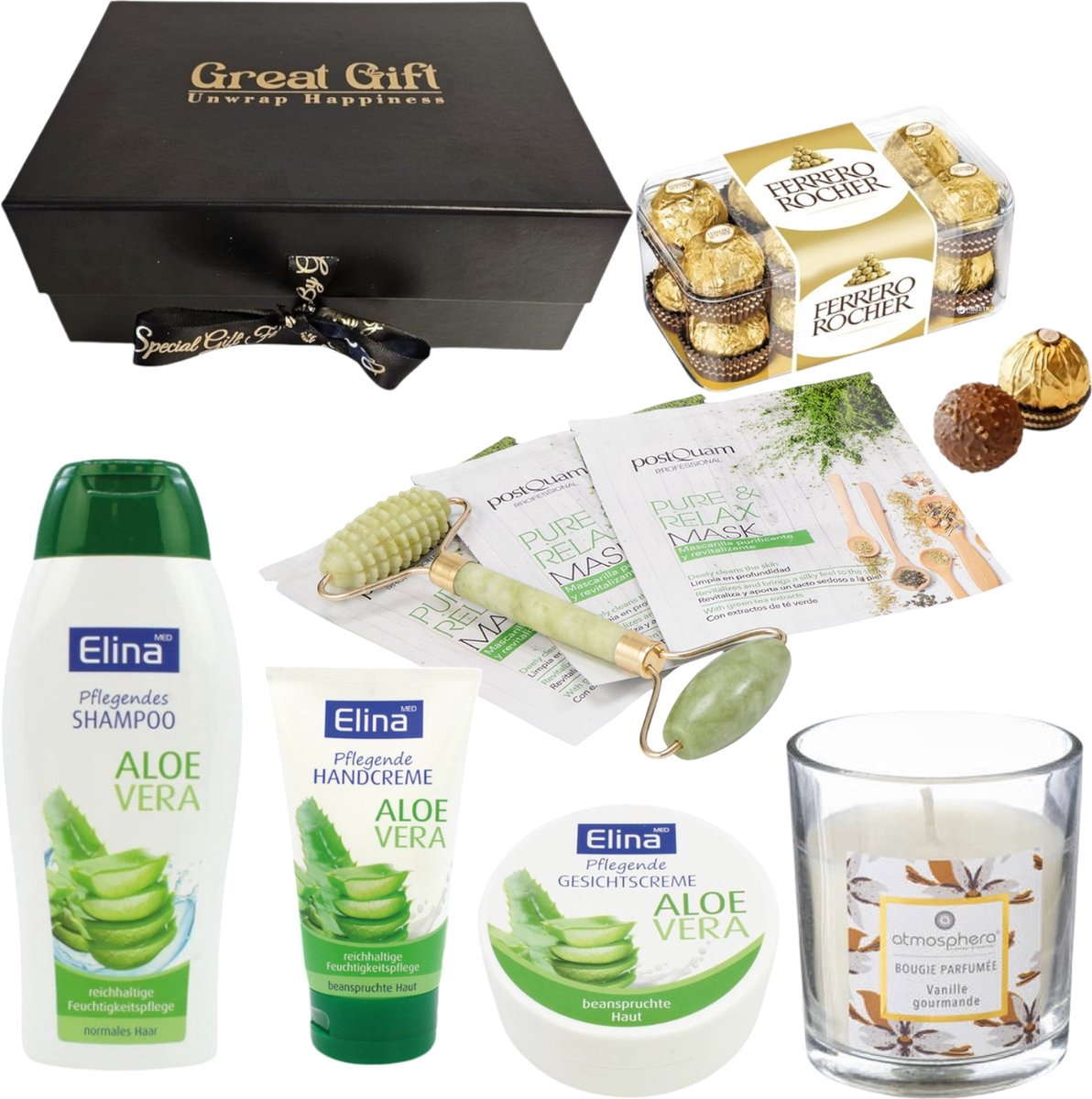 Goedkoopste GreatGift® - Luxe Cadeaupakket Aloë Vera - Voor Haar- Luxe Verzorging - Shampoo - Creme - Gezichtsmasker & Ferrero Rocher in Luxe Magneetbox