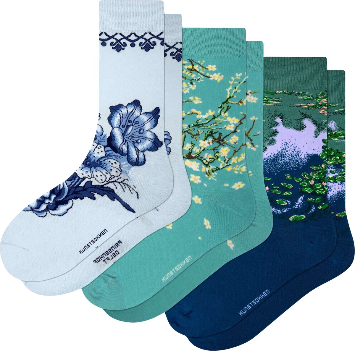 Kunst sokken - Bloemen 3-pack: van Gogh, Monet - Sokken Dames 36 40 - Biologisch Katoenen Sokken - funny socks happy - Vrolijke Sokken - Grappige Sokken - Sokken Cadeau