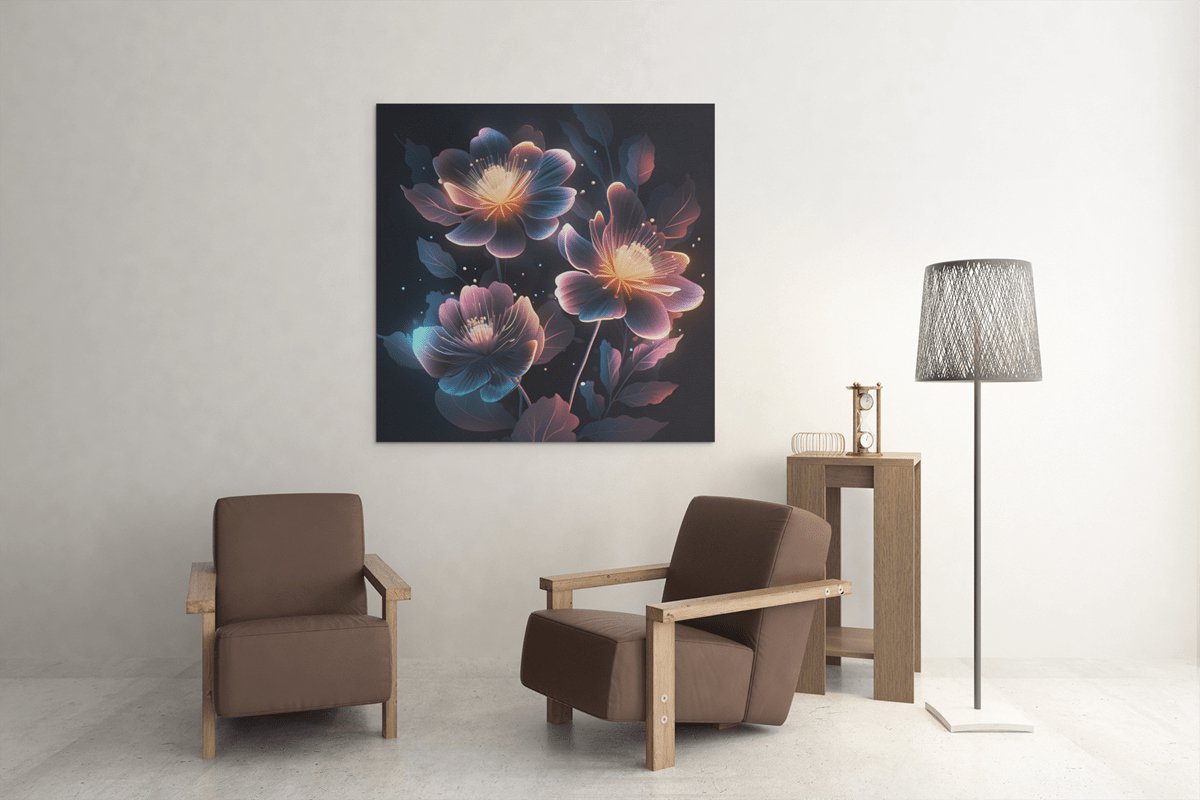Trendex Global Vierkant Canvas Schilderij - Neon Bloemen - 60x60x2 cm Zwart