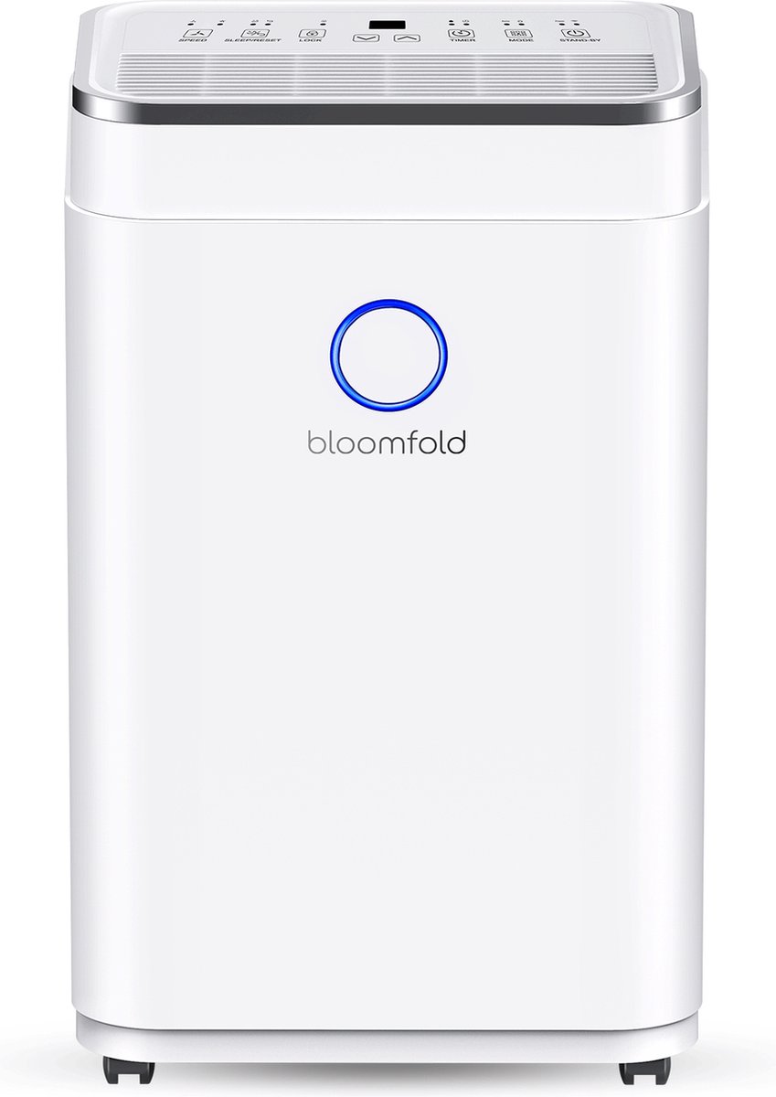 Bloomfold Luchtontvochtiger - 20L per Dag - Incl. Was-droog Functie - Geschikt voor Woonkamer Slaapkamer Kelder & Badkamer - Dehumidifier - Wit