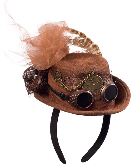 Halloween mini hoed Steampunk thema - luxe kwaliteit - op diadeem/haarband - bruin - one size - meisjes/dames
