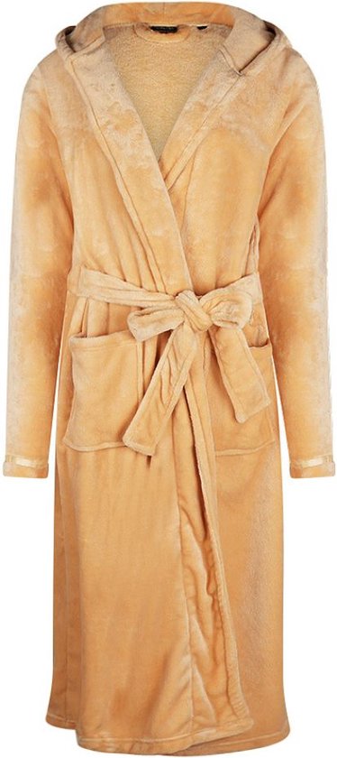 Badjas dames - 100 % zacht fleece - lang model - luxe dames badjas met capuchon - trendy ochtendjas - vanille - Charlie Choe - maat M