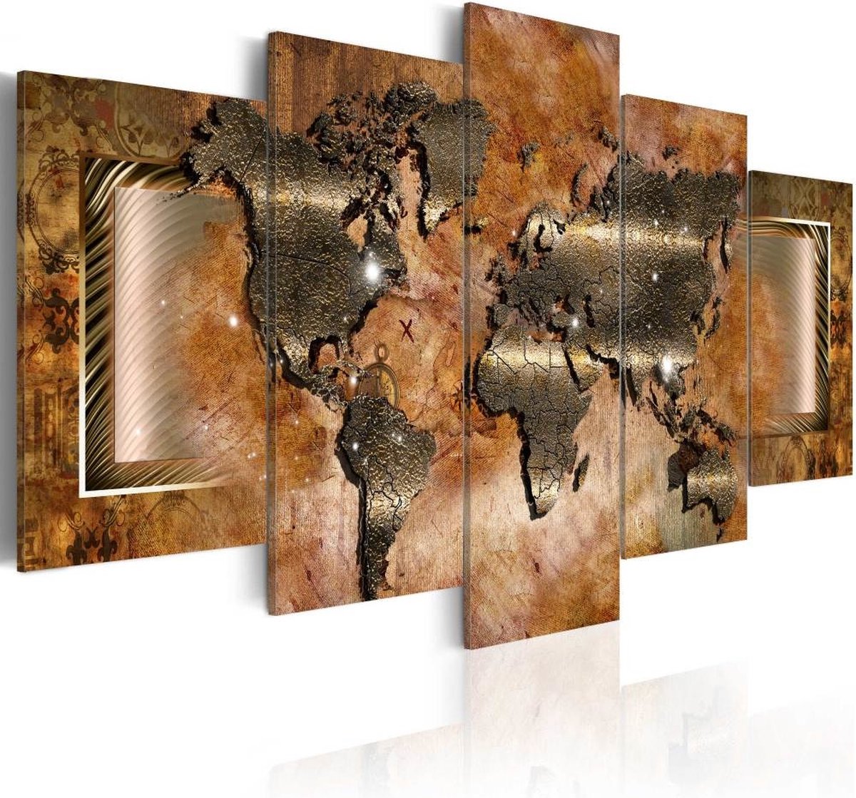 karo-art Schilderij - Stalen wereldkaart (staal look, dus canvas) 5 luik, Abstract afgebeeld, print op echt Italiaans canvas, voor woonkamer en slaapkamer, wanddecoratie Multikleur