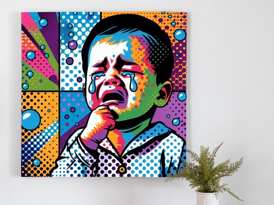 Pop art huilend kind schilderij | Kleurrijk verdriet: een hedendaagse interpretatie van een huilend kind | Kunst - 60x60 centimeter op Dibond | Foto op Dibond