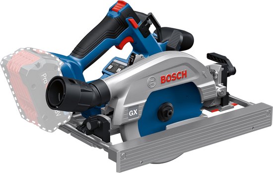 Bosch cirkelzaag met blauwe en zilverkleurige behuizing, met accu en geleider