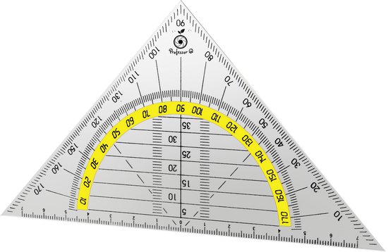 Transparante geodriehoek van 14 cm met gradenboog en schalen van 10 tot 170 graden.