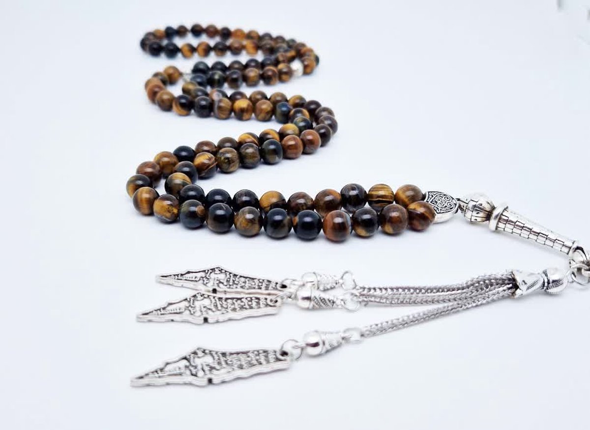 Handgemaakte tesbih natuursteen "Tijgeroog" - Aantal kralen 99 - Diameter kralen 8MM - met metaal tassel "Palestina" - Een mooi cadeau-idee