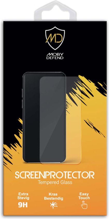 Verpakking van MobyDefend screenprotectors met opdruk, "2X", "SCREENPROTECTOR Tempered Glass", "Extra Stevig 9H" en "Kras Bestendig".