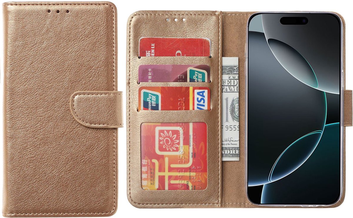 Hoesje Geschikt voor iPhone 16 Pro Max – Arara bookcase met pasjeshouder - Goud