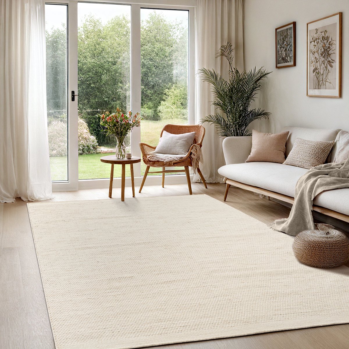the carpet Deluxe Wol Handgeweven wollen vloerkleed in een natuurlijke Scandinavische boho-look, CreamBeige, 160 x 230 cm