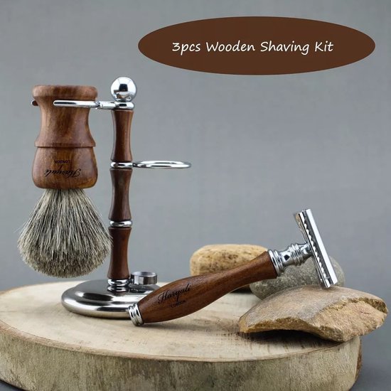 Scheerset voor mannen-DE-veiligheidsscheermes, scheerkwast en scheerstandaard, 3-delige houten scheerset voor mannen Scheren thuis en in de salon