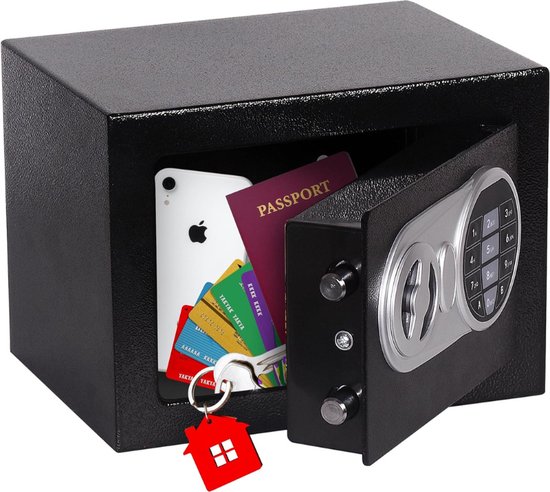 Zwarte digitale kluis met open deur, met een iPhone, paspoort, creditcards en sleutels.