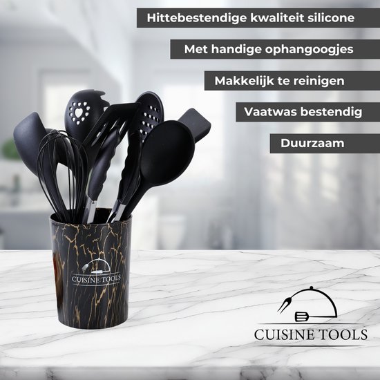 Foto: Cuisine tools keukengerei set zwart kookgerei set 9 delig keuken gereedschap siliconen marmer bpa vrij plastic vrij hittebestendig ophangbaar cadeau