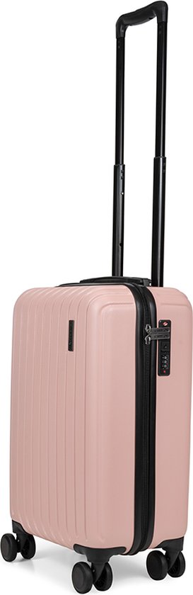 Roze CarryOn koffer met verticale ribbels, een uitgeschoven handgreep en TSA-slot.