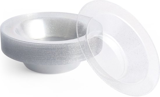 MATANA - 25 Bols Réutilisables en Plastique à Glitter Argentées (360ml) - Mariages, Anniversaires, Baptêmes, Noël et Célébrations - Robustes et Réutilisables