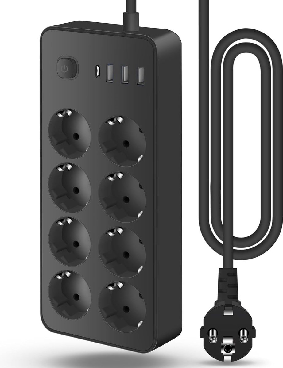 2 m toren-stekkerdoos, USB-stekkerdoos, 8 AC-stopcontacten en 4 USB- stopcontacten, meervoudige stekkerdoos, overspanningsbeveiliging, verticale stekkerdoos met schakelaar voor tafel, kantoor, huis