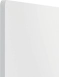 Een witte, frameloze whiteboard, de linkerkant op een witte achtergrond, met een zachte schaduw.