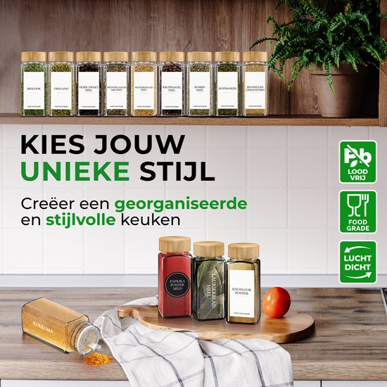 Soothe 24 Pots à Épices en Verre Carrés avec Couvercles en Bambou - 2 Types de Couvercles à Saupoudrer - Saupoudreur d'Épices - Spice Jars - Ensemble Complet incluant des Étiquettes d'Épices, un Stylo Craie et des Accessoires - 120ml
