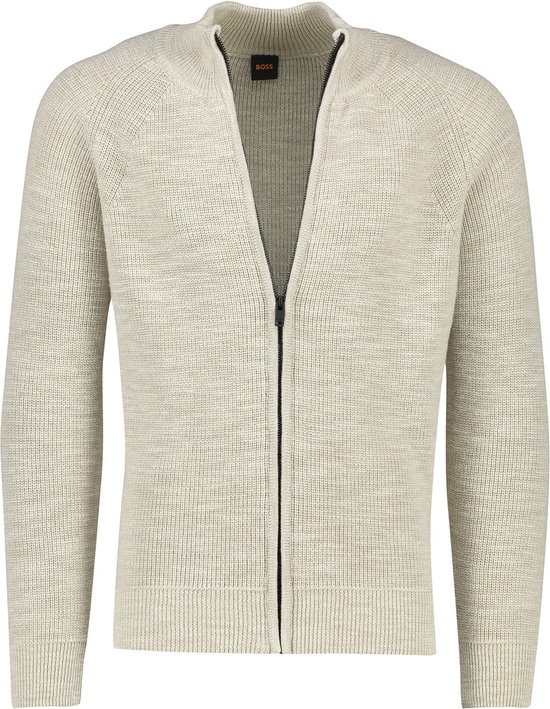 Beige gebreid vest van BOSS, geopend met ritssluiting, opstaande kraag en lange mouwen.