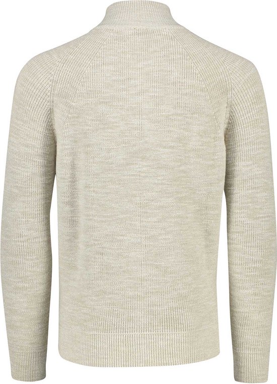 Achterkant van beige gebreid vest met opstaande kraag en lange mouwen.