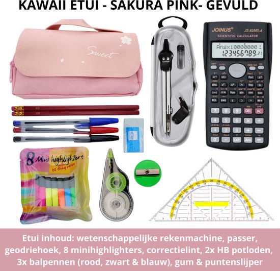 Kawaii Etui Gevuld met Schoolspullen - Back to School - Roze Etui - Gevulde Etui - Schooletui - Etui met inhoud - Schoolaccessoires - Schoolspullen - Compleet met rekenmachine, passer, pennen en meer