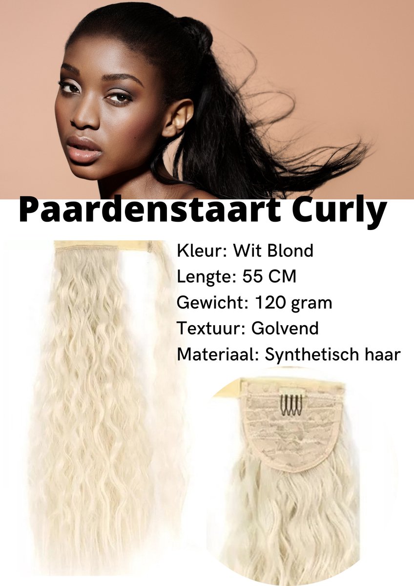 Paardenstaart Hair Extension-Wit Blond-Lang-Krullend-Golvend 55 cm - Ponytail Hair Extensions White Blond Long Curly Wavy