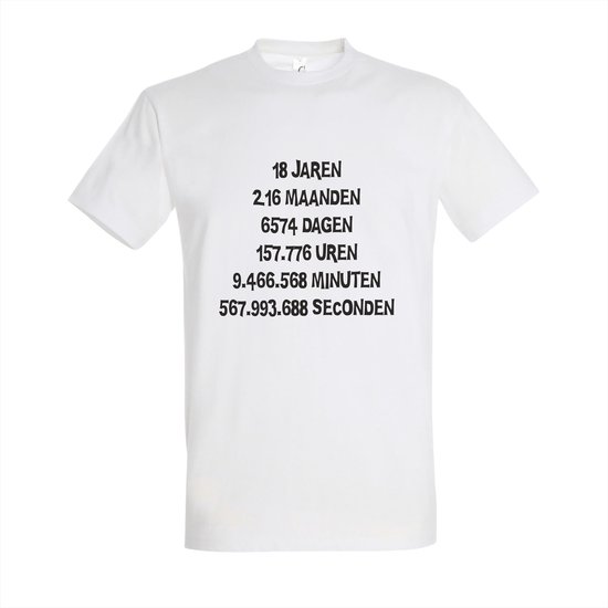 18 jaar verjaardag - T-shirt 18 jaren, 216 maanden - T-shirt Wit - Maat XS - 18 jarigen - 18 jaar versiering - hoera 18 jaar - feestartikelen 18 jaar - verjaardag cadeau