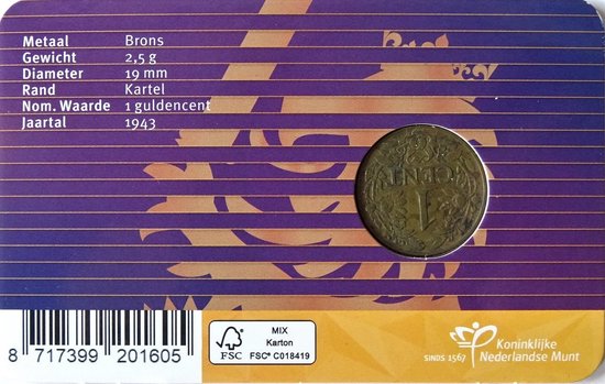 Thumbnail van een extra afbeelding van het spel Geelkoperen 1 cent 1943 in coincard