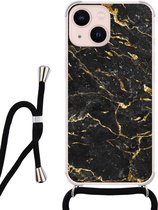Hoesje met koord - Geschikt voor iPhone 13 - Marmer zwart goud - Verstelbaar zwart koord - Zwart, Transparant - Marmer - Leuke Telefoonhoesjes