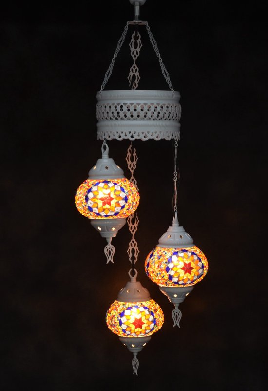 Oosterse lamp 3 glazen multicolur  oranje bollen mozaiek kroonluchter