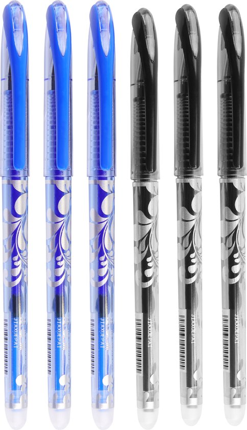 Uitwisbare pennen- 6 stuks- 3x Blauw- 3x Zwart/Grijs- Inclusief 6 refill- Uitwisbare pen- Erasable pen- Uitwisbaar- Uitgumbaar- Navul inkt- Rollerball pen- Gumbaar- Wisbaar- Uitwisbare inkt