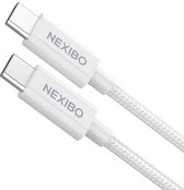 Nexibo USB C naar USB C Kabel 100W 5A - USB 3.0 - Snellader - Oplader - Oplaadkabel - Geschikt voor Macbook, iPad Pro/Air, Samsung Galaxy/Note - Gevlochten Nylon - Wit - 2 Meter