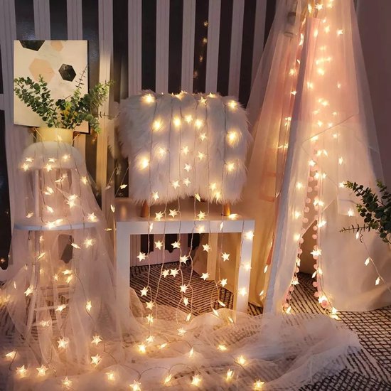 Guirlande LED - Étoiles - 10 mètres - 80 lumières - Blanc chaud - Cordon lumineux - Batterie - Fonction clignotant - Chambre - Noël