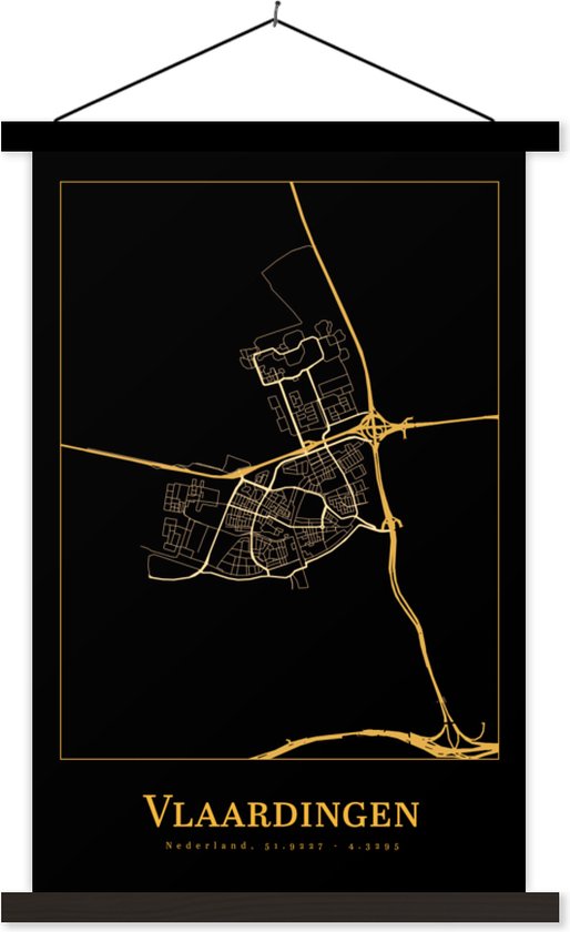 Posterhanger incl. Poster 40x60 cm - Schoolplaat - Kaart - Vlaardingen - Goud - Zwart - Textielposter - Zwarte latten