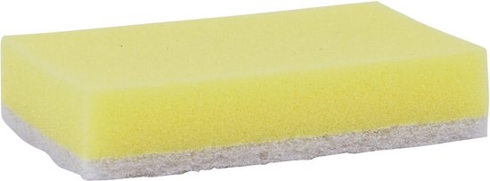 Geel met witte schuurspons, ca. 140x90x28 mm.