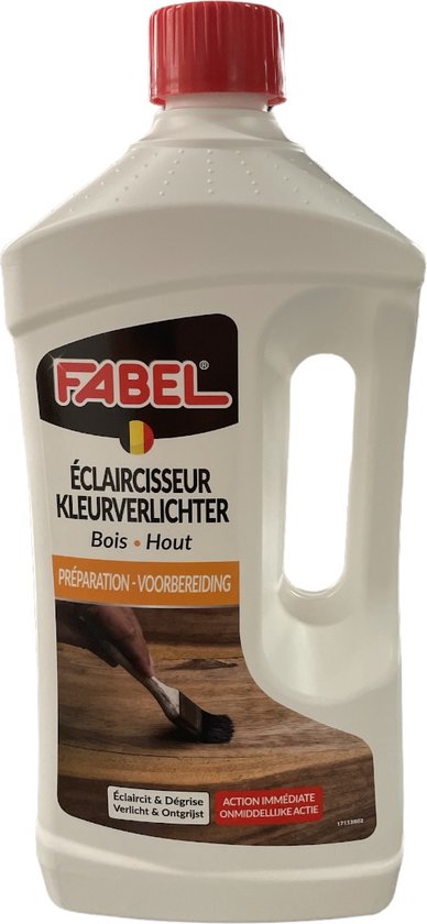 Fabel kleurverlichter voor hout. Wit met rode dop. Het etiket toont een hand die hout schildert, met de tekst 'Kleurverlichter Hout'.