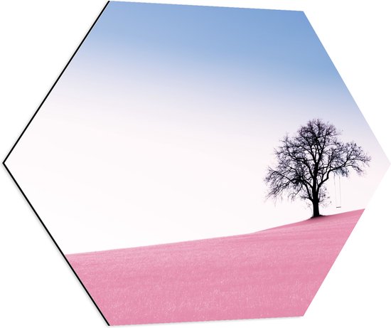 WallClassics - Dibond Hexagon - Boom op Roze Heuvel - 70x60.9 cm Foto op Hexagon (Met Ophangsysteem)