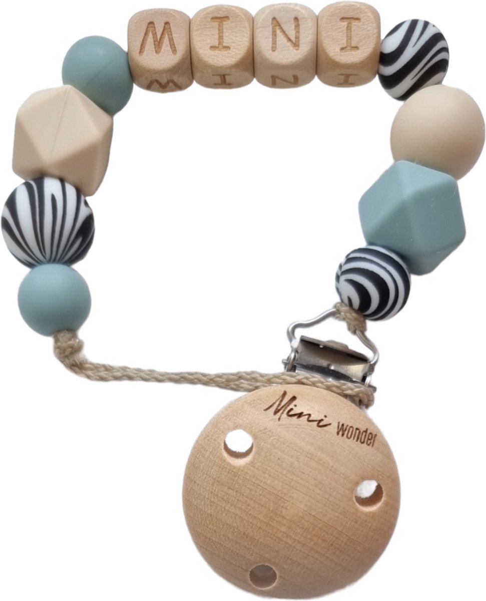 Goedkoopste MINIWONDER speenkoord - Gepersonaliseerd met naam - grijsblauw/ zebra/ crème