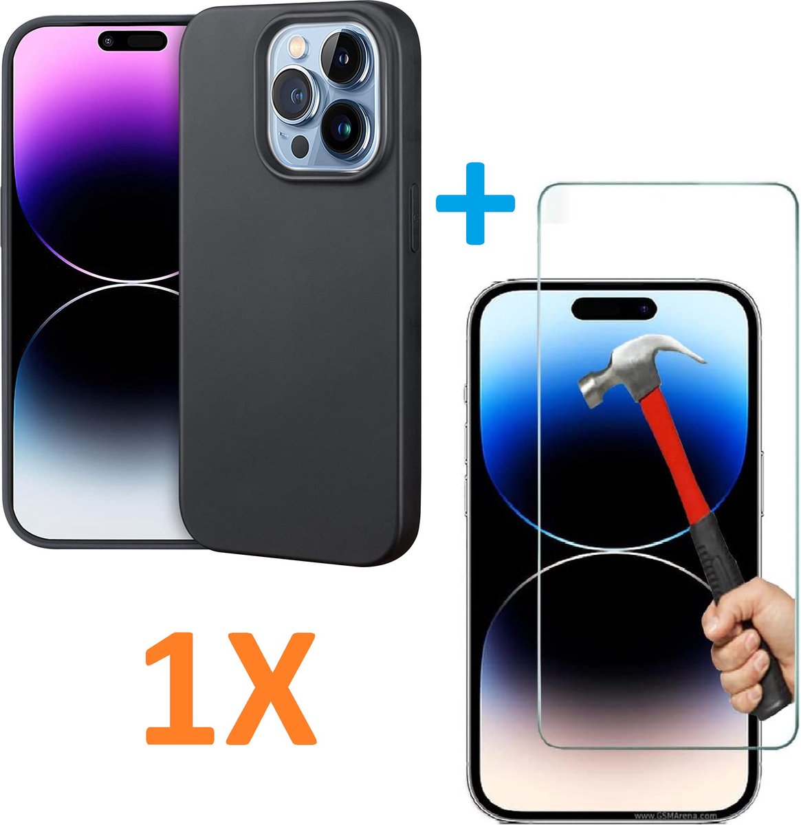 Soft TPU Zwart hoesje Silicone Case + 1 stuk Glas Screenprotector - Geschikt iPhone 14