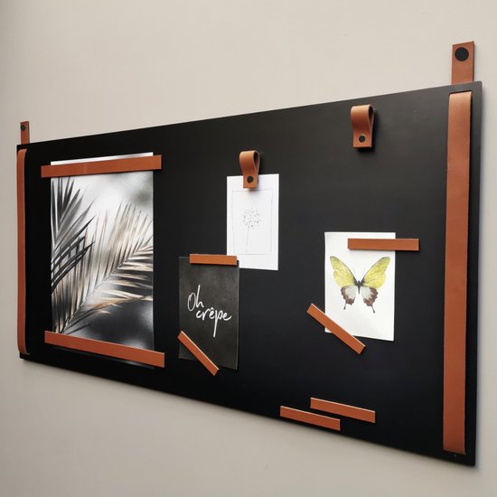 Magneetbord XL horizontaal 50x100 cm - COGNAC leren banden - inclusief 10 leren magneet accessoires - Handles and more® (wandbord - magneetbord groot)