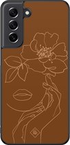 Casimoda® hoesje - Geschikt voor Samsung Galaxy S21 FE - Gezicht Lijnen - Zwart TPU Backcover - Geometrisch patroon - Bruin/beige