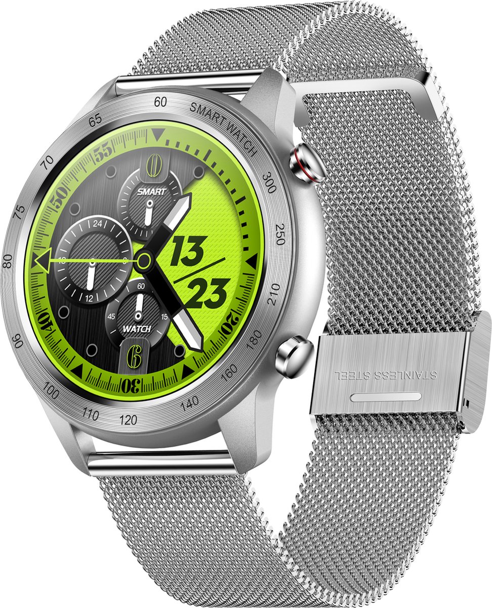 Belesy® MALIBU – Smartwatch Heren – Smartwatch Dames – Horloge – 1.3" Touchscreen – Stappenteller – Calorieteller – Hartslagmeter – Bloeddrukmeter – Zuurstofgehalte – Multi Sporten – Wijzerplaat Personaliseren – Slaapmonitor – Zilver Staal
