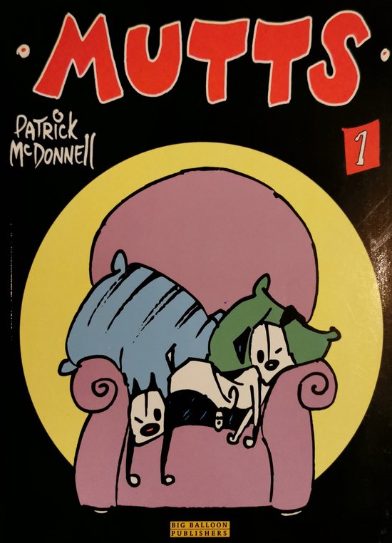 Kop van de Mutts-strip, met Patrick McDonnell's naam. Twee honden en een kat slapen op een paarse stoel voor een gele cirkel.