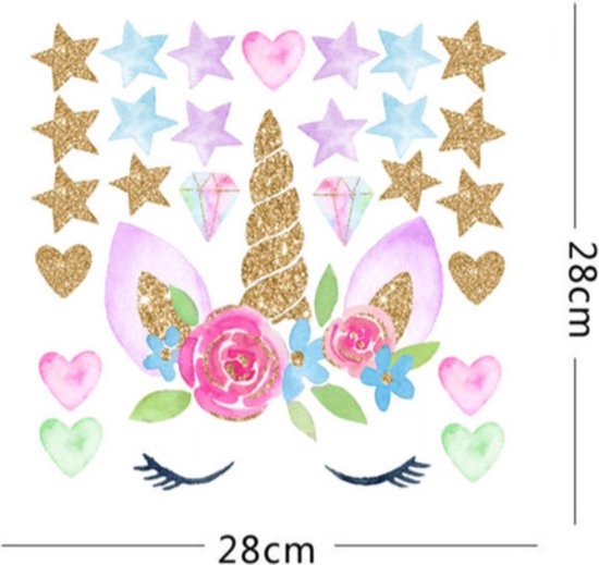 Eenhoorn muursticker meisjeskamer - UNICORN MUURSTICKER - Eenhoorn muurstickers - Unicorn muursticker met hartjes en sterretjes - Gold glitter look effect - Inclusief verzending